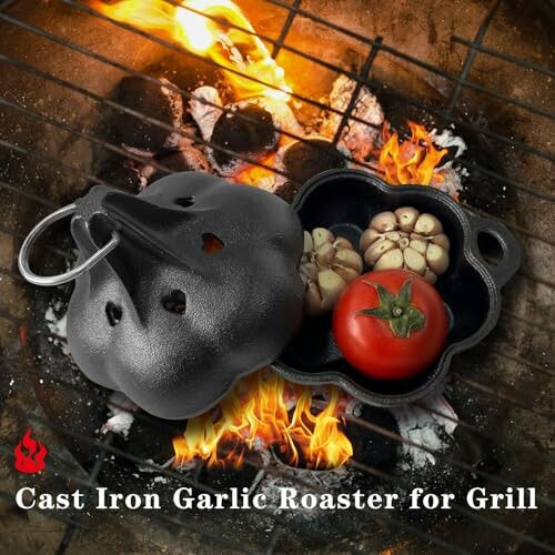 Cast iron garlic roaster on grill with garlic and tomato.