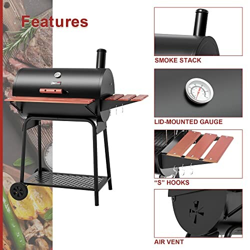 Charcoal grill with smoke stack, lid-mounted gauge, hooks, and air vent.