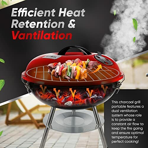 Charcoal grill with skewers and efficient heat retention and ventilation features.