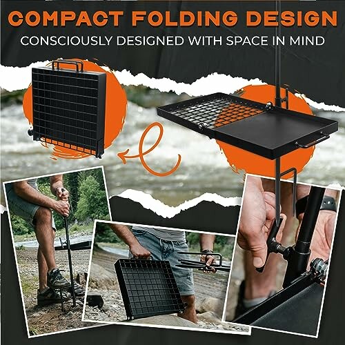 Collage showcasing a compact folding grill design with setup steps by a river.