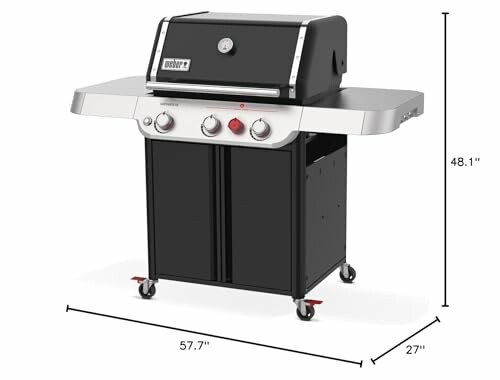 Outdoor gas grill with dimensions displayed.