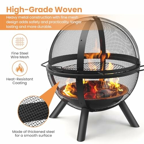 High-grade woven fire pit with fine steel mesh and heat-resistant coating.