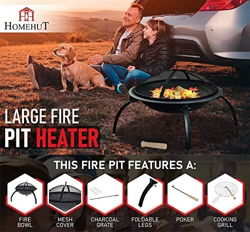 A family enjoying a fire pit heater with a dog near a car, featuring a large fire pit with accessories.