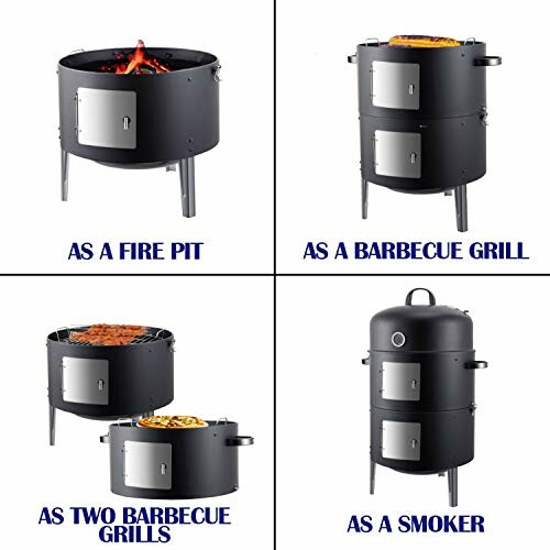 Image showing a multifunctional outdoor cooking device used as a fire pit, barbecue grill, two barbecue grills, and a smoker.