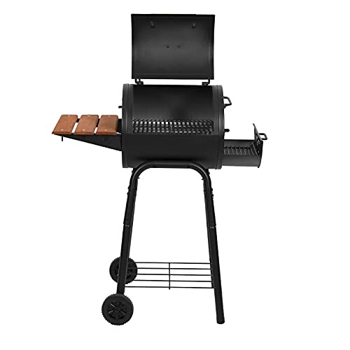 Outdoor barrel charcoal grill with side shelves and wheels