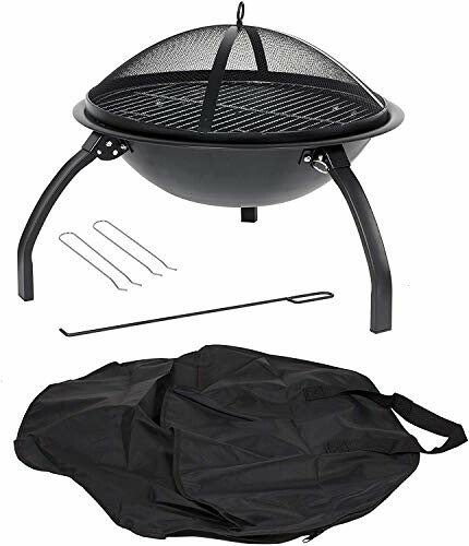 Portable fire pit with mesh cover, grilling rack, and accessories.