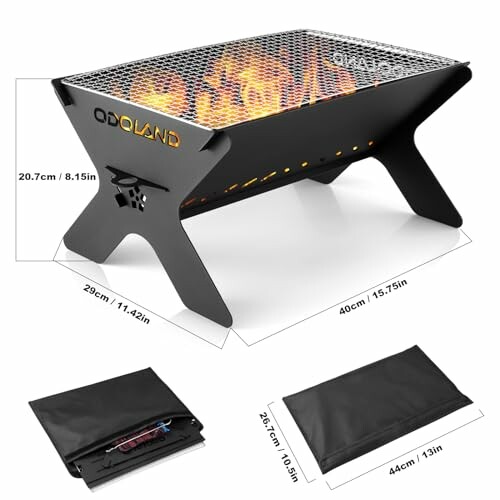 Portable folding fire pit with carrying case and dimensions.