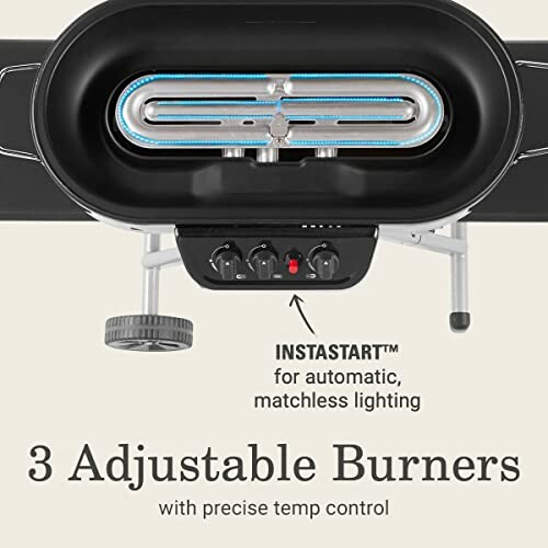 Top view of a portable grill with three adjustable burners and precise temperature control.