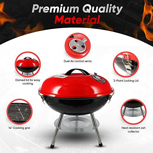 Portable red and black grill with premium features including domed lid, air control vents, locking lid, cooking grid, and ash collector.