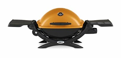 Portable outdoor gas grill with side tables.