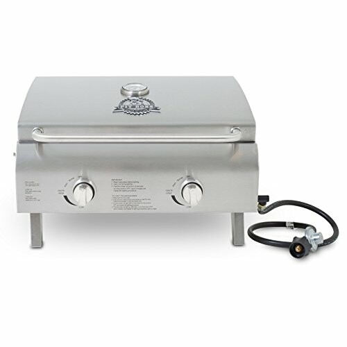 Pit Boss Grills 75275 Stainless Steel Two-Burner Portable Grill with open lid and hose