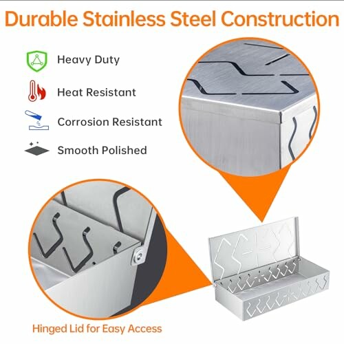 Durable stainless steel box with heavy duty, heat, and corrosion resistance features.