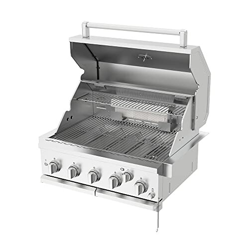 Stainless steel gas grill with open lid and multiple burners.