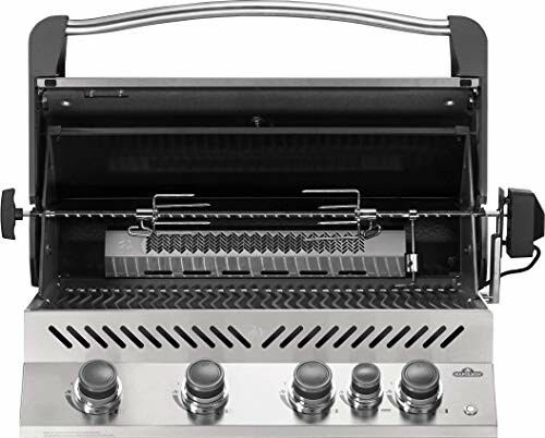 Stainless steel gas grill with rotisserie and control knobs