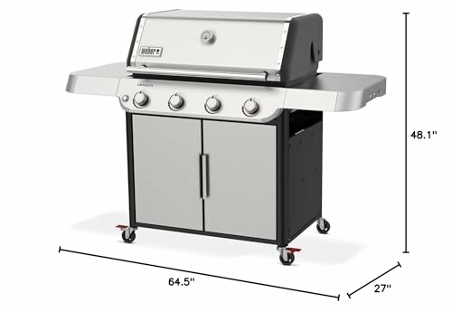 Stainless steel gas grill with four burners and dimensions.