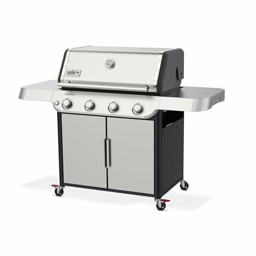 Stainless steel gas grill with four burners and cabinet storage.