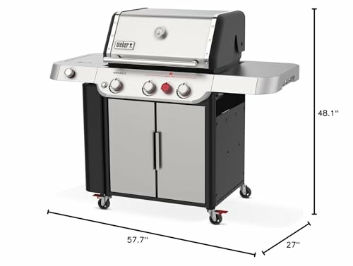 Stainless steel gas grill with four knobs and storage cabinet.