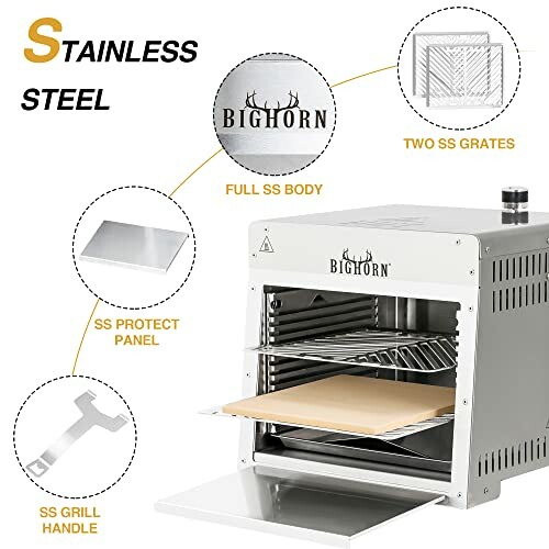 Stainless steel grill with features highlighted, including full SS body, two SS grates, SS protect panel, and SS grill handle.