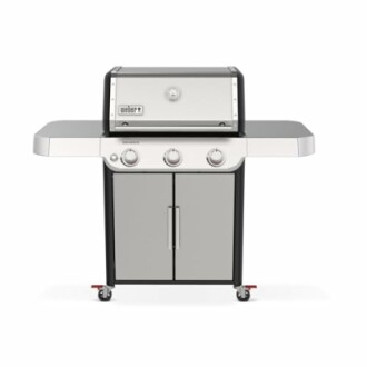 Weber gas grill with three burners and storage cabinet.