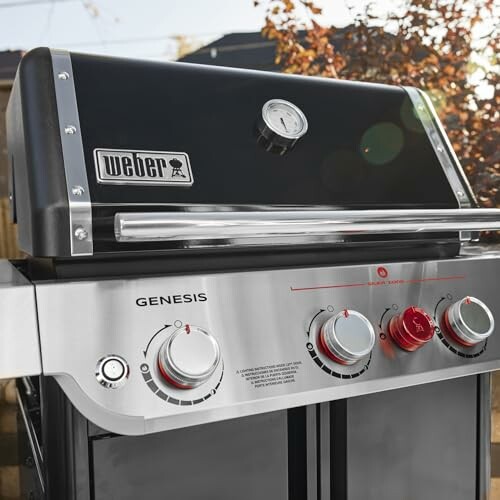 Close-up of a Weber Genesis gas grill with control knobs.