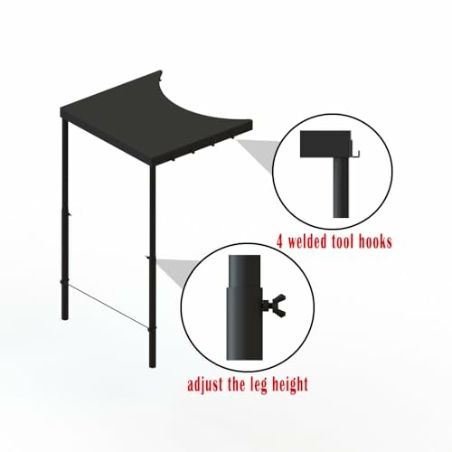 Adjustable garden table with tool hooks.