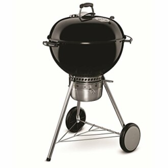 Kettle-style charcoal grill with lid and wheels