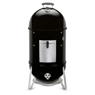 Vertical black smoker grill with silver accents